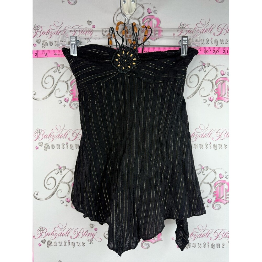 FWR tank top halter gold beaded wood crochet Black Metallic-Stripe Tank Top